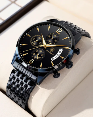 Montre Chronographe Homme – Acier Noir & Détails Dorés