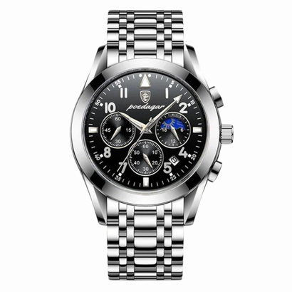 Montre homme chronographe acier 41 mm – cadran multifonction, phase de lune & affichage nocturne